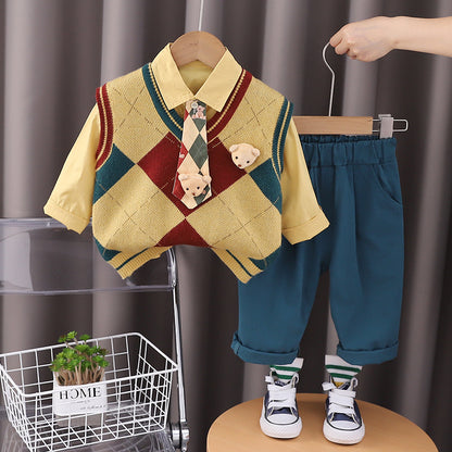 A Boys Sweater Children's British Academy Style Removable Tie Rhombus Shirt Spring and Autumn Boys' Bear Vest Pants