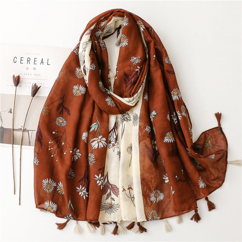 A Yitao Scarf Creative Ethnic Style Cotton and Hemp Hand Feel Scarf Women's Orange Wheat tassel Tourist Beach Scarf Shawl