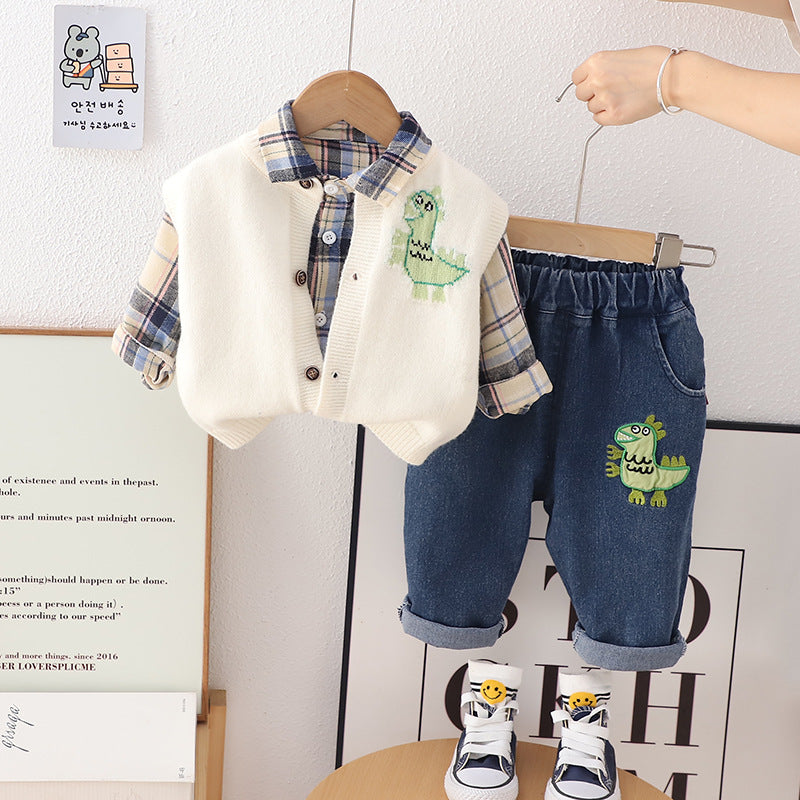 A autumn baby three-piece set manufacturer wholesale boys sweater vest plaid long sleeve primer dinosaur printed trousers