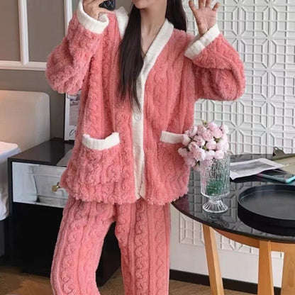 A Autumn and winter pajamas women's high-value fleece thickened can be worn outside loose Korean version of student coral fleece suit loungewear