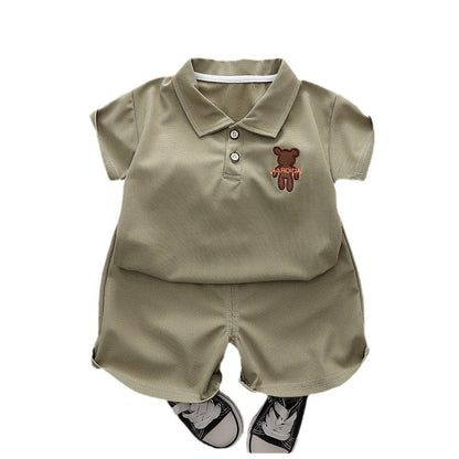 Children&#039;s summer thin cotton embroidered bear short sleeve suit 2023 new boy handsome lapel short sleeve 0.3kg