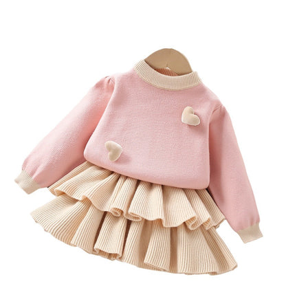 A girls sweater set autumn and winter new Korean version of foreign style solid color love knitted long-sleeved cake skirt two-piece set