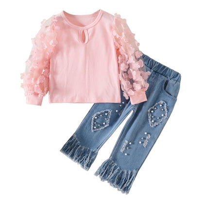 Nueva ropa para niños, conjunto de jeans con bordes irregulares y parte superior de malla con empalmes de color transparente para niñas, 0,3 kg 