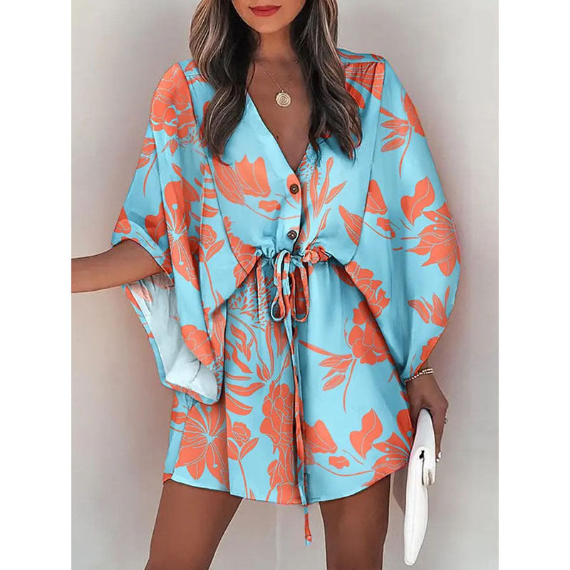 A cross-border European and American foreign trade women's clothing summer women's flying sleeves Amazon V-neck lace up printed beach skirts wholesale