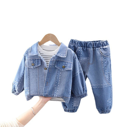 Korean version of spring fashion baby spring jacquard denim cardigan long-sleeved suit tide boy new long-sleeved three-piece set 0.3KG