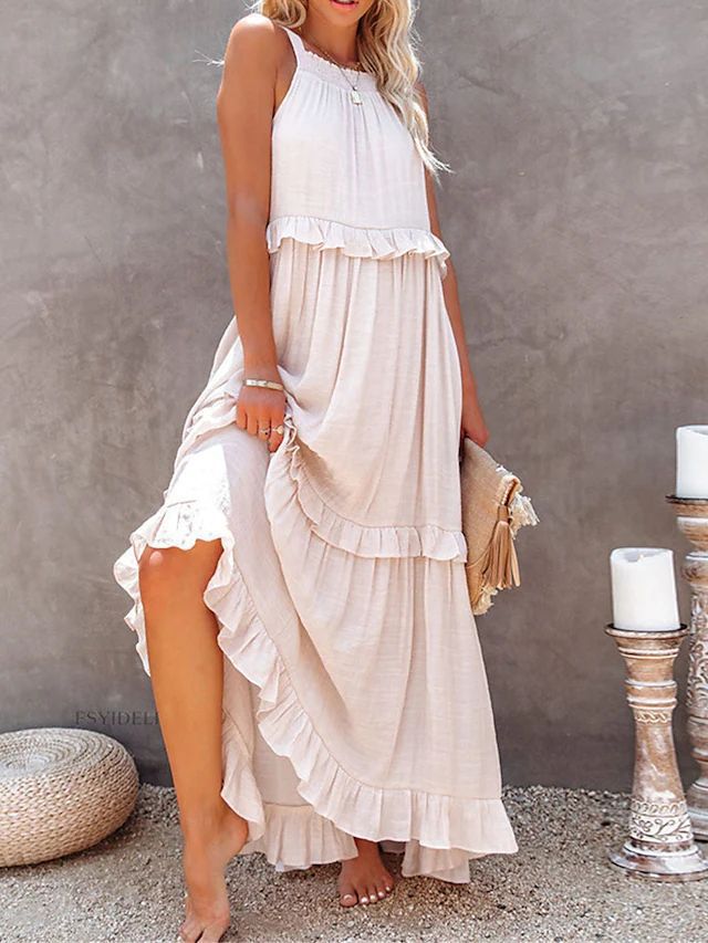 A Europe, America 2024 summer new vacation wind ruffle leaf edge long dress Amazon pendulum elegant beach dress women