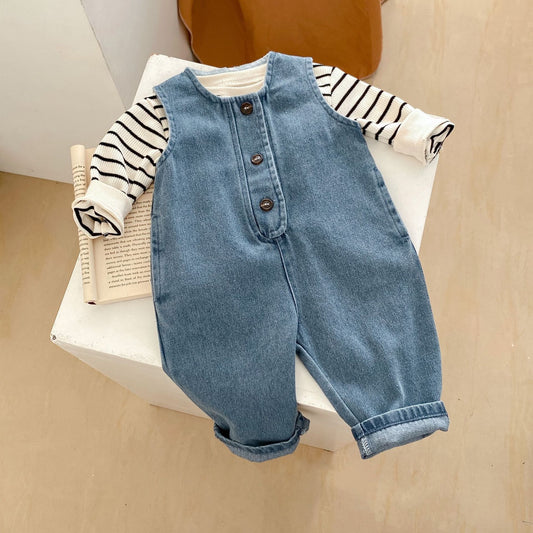 A Spring infants and toddlers 0-3 years old female treasure striped top + denim vest long climbing 2-piece set can be sorted