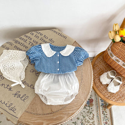 Conjunto de 2 piezas de top a cuadros con cuello de muñeca de conejo para bebés y niñas pequeñas de verano de 2024 + pantalones de pan versátiles 