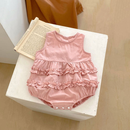 Ropa de bebé niña de verano 2024 nueva sin mangas con escote en forma de corazón, linda ropa de gateo de algodón puro con borde de oreja, ropa de bebé con parte inferior envuelta 