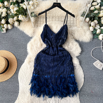 A feather splicing sequined dress women's European and American ins high-end dress sexy halter waist suspender fringed skirt