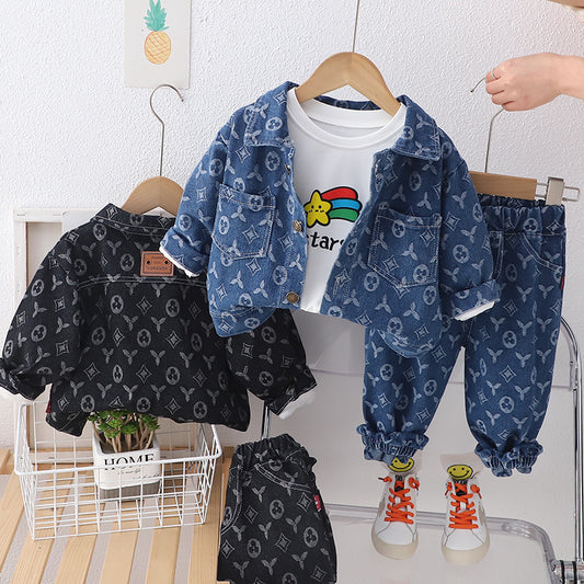 A boys' suit children's spring and autumn clothing 2024 new medium and small children's baby full-printed denim three-piece set boy Korean version tide