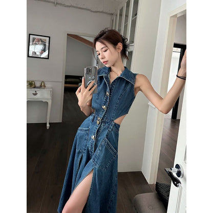 A denim blue hollow waist dress women's 2024 summer new slim side waist split temperament medium and long skirt