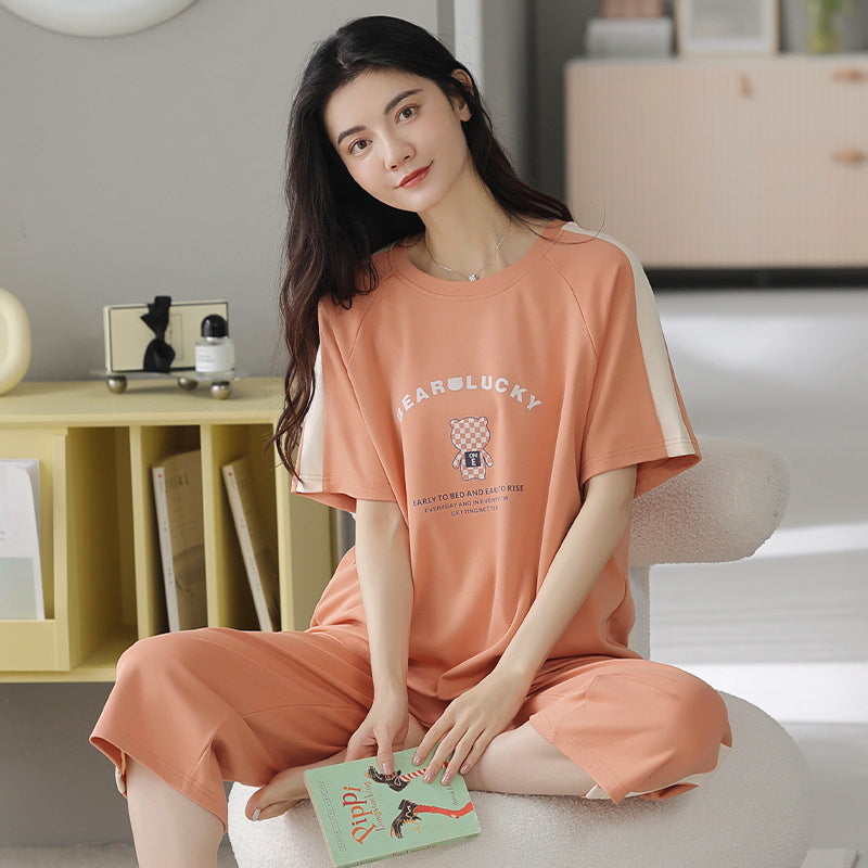 A pajamas women's summer cartoon pure cotton short-sleeved cropped pants casual loose round neck can be worn outside summer loungewear suit