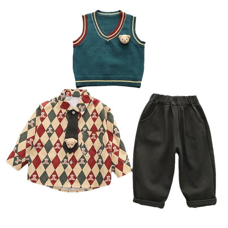 A Boys Sweater Children's British Academy Style Removable Tie Rhombus Shirt Spring and Autumn Boys' Bear Vest Pants