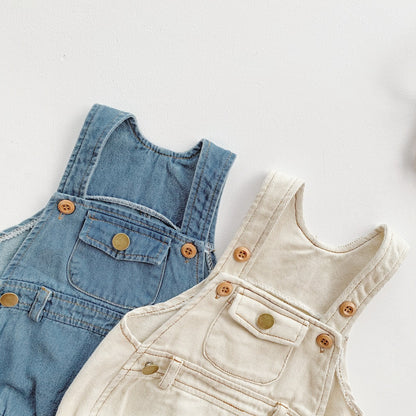 A ins summer Korean version baby and toddler boys and girls sleeveless denim bag butt jumpsuit with shoulder strap climbing suit and hat