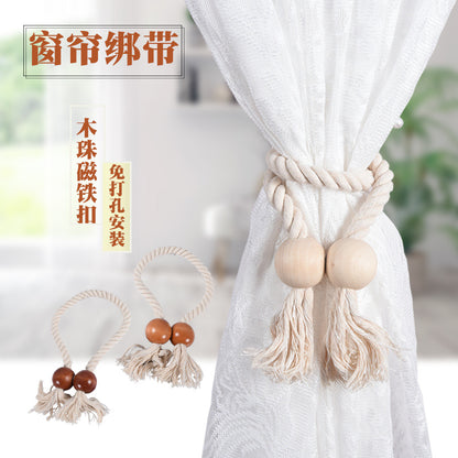 A Cross-border spot curtain straps, simple wooden beads, magnet buckles, hand-woven fringed curtain buckles, soft decorative accessories