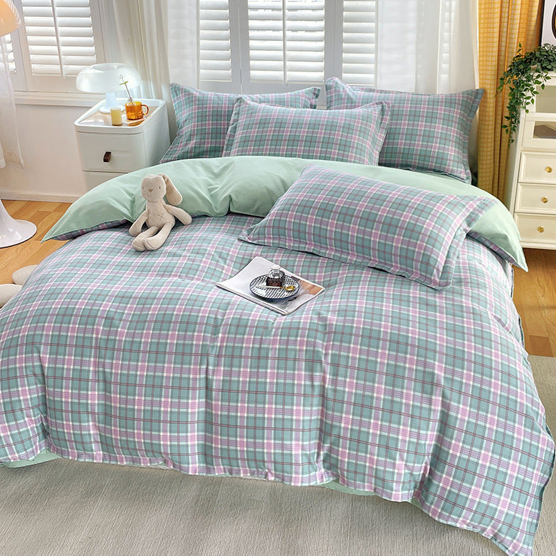 A Thickened pure cotton abraded four-piece set, unprinted wind-washed cotton bed sheet quilt cover three-piece set, student dormitory bedding