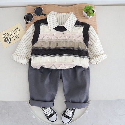 A 2024 new children&#039;s striped vest three-piece suit girl autumn boy Korean version of men&#039;s treasure clothes children&#039;s clothing 0.3KG