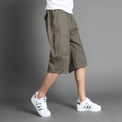 A cotton men's casual pants summer thin large size loose mid-life cargo sweatpants cropped pants men's cropped pants