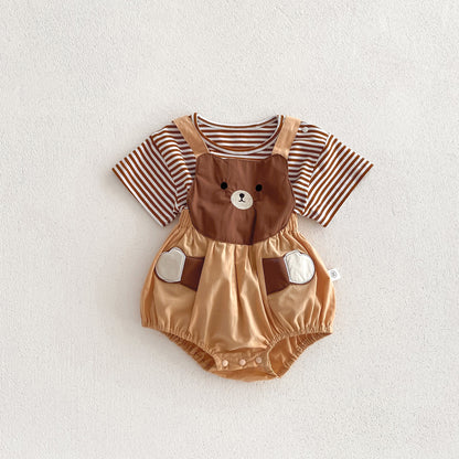 A 2024 summer new baby onesie for boys and girls cute bear strap bag fart shirt short sleeve t-shirt set