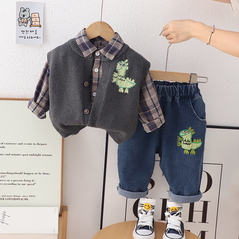 A autumn baby three-piece set manufacturer wholesale boys sweater vest plaid long sleeve primer dinosaur printed trousers