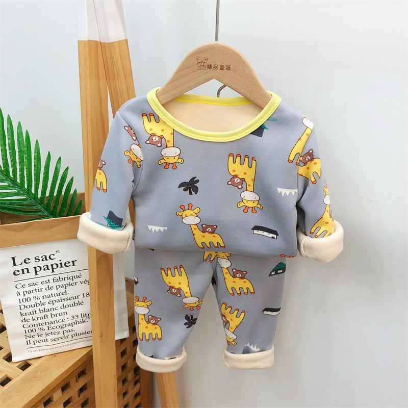 A handsome baby autumn clothes new velvet cartoon warm clothes two-piece set autumn and winter boys and girls suits wholesale