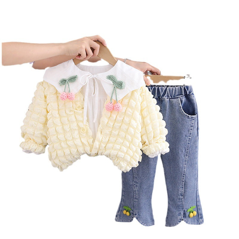 Trajes de otoño para niñas, nuevas blusas para niños extranjeros, pantalones, cerezas para bebés, conjuntos de tres piezas, ropa infantil de moda 