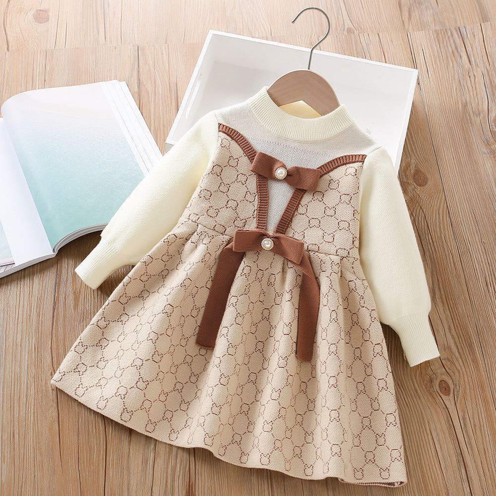 A girls sweater dress autumn and winter new little girl bow wool knitted long-sleeved pullover princess dress