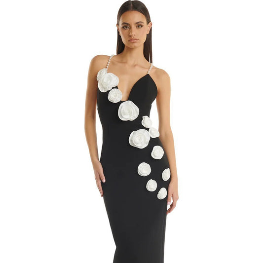 Vestido de estilo corte francés de gran sentido con tirantes de perlas y falda de vendaje con diseño floral tridimensional, vestido de noche para fiesta para mujer 