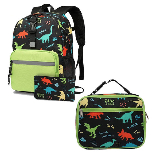 Nueva mochila escolar de tres piezas con diseño de dinosaurio de dibujos animados de Amazon para niños en edad escolar primaria, bolsa para bolígrafos con carga reducida y protección para la columna vertebral 