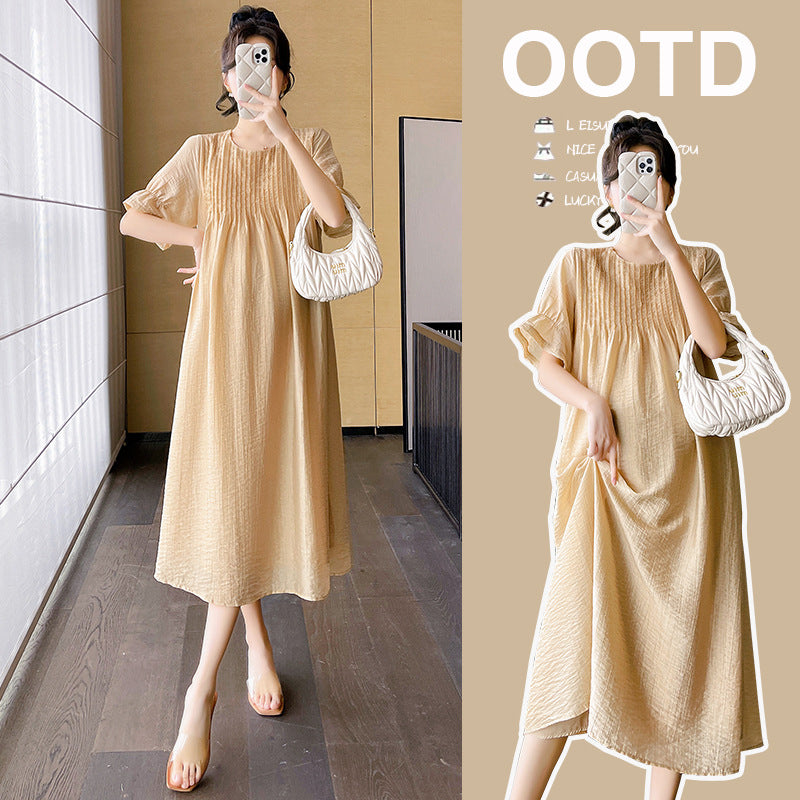 A maternity dress summer new design bubble sleeves heavy industry pleated skirt summer loose thin long dress