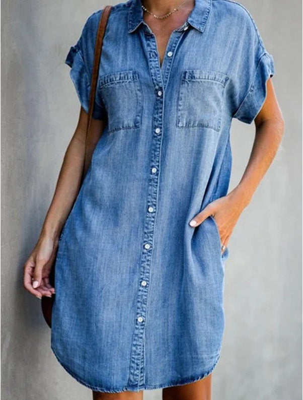 Independent station, Amazon 2024 cross-border new product, European and American lapel short-sleeved slim-fit dress, denim shirt skirt, women