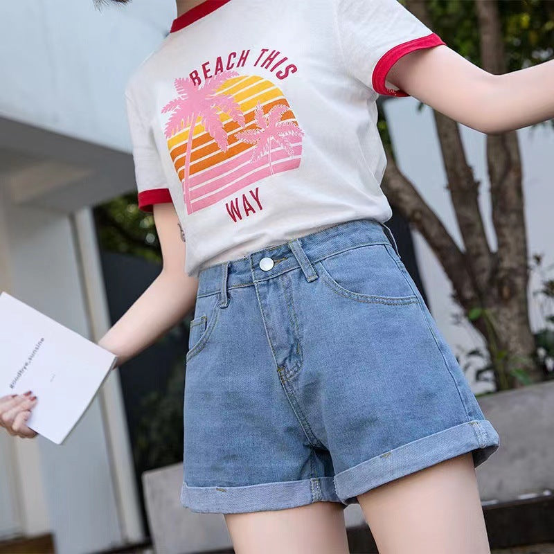 A high waist black denim shorts female summer student curled edge loose and thin a word wide leg pants hot pants Korean version tide