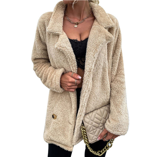 Women's mid-length coat women's autumn and winter lamb wool plus velvet thickened versatile stand-up collar warm coat