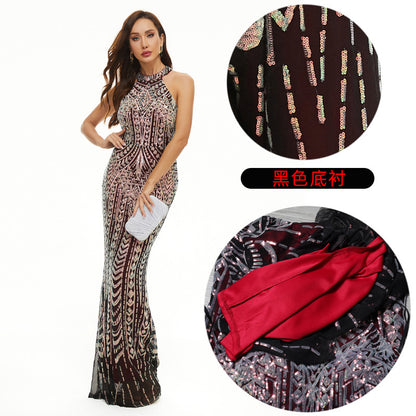 A 2024 new sequined banquet evening dress dress femininity socialites annual meeting host sexy neck fishtail long