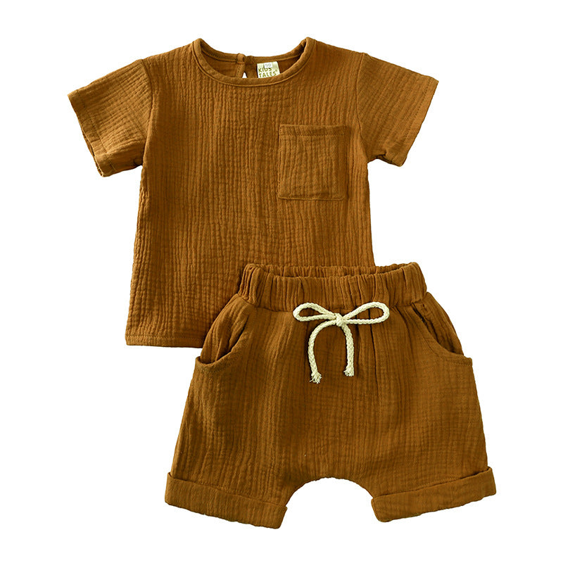 Children&#039;s clothing new infant summer solid color short-sleeved shorts two-piece set 0.123kg