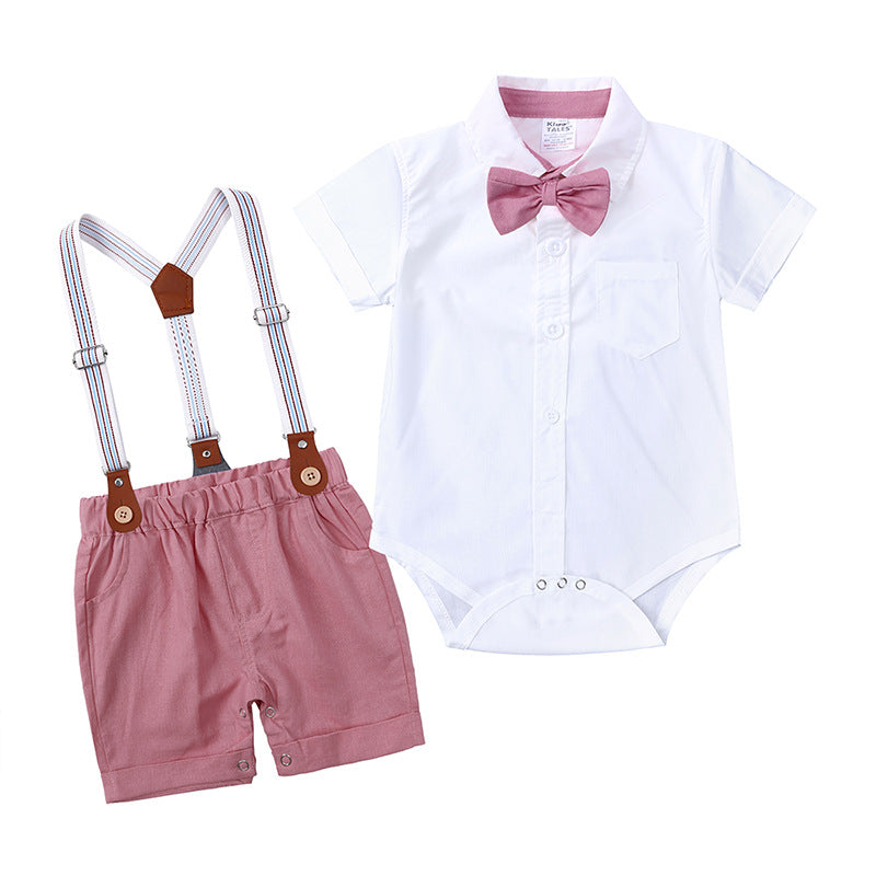 A Summer Gentlemen's Set for Boys in Foreign Trade, Two Piece Set of Infant Crawling Clothes with Backstraps and Pants, British Style, Handsome Dress for Delivery