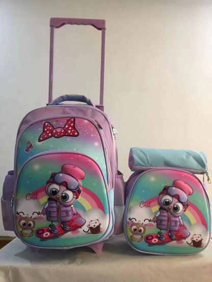 A three piece set of pull rod backpack, student 16 inch PU backpack, pencil case, medium backpack, children's backpack, three wheel square pole