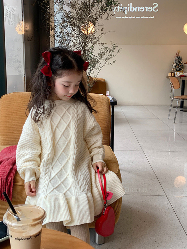 A girls Korean version of foreign style knitted wool skirt autumn and winter clothing new children's ruffle edge thickened princess dress