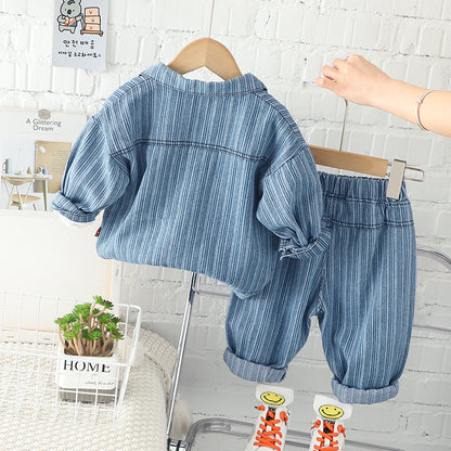 Boy's Spring Suit Baby Tide Spring Children's Clothes Boy's Spring and Autumn Vertical Strip Smiley Denim Three-piece Set for Babies and Children 0.3kg