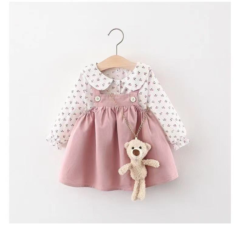 Venta al por mayor de ropa infantil para niñas, blusa con estampado floral y falda con tirantes de osito de peluche, nuevo conjunto de dos piezas de otoño A421 