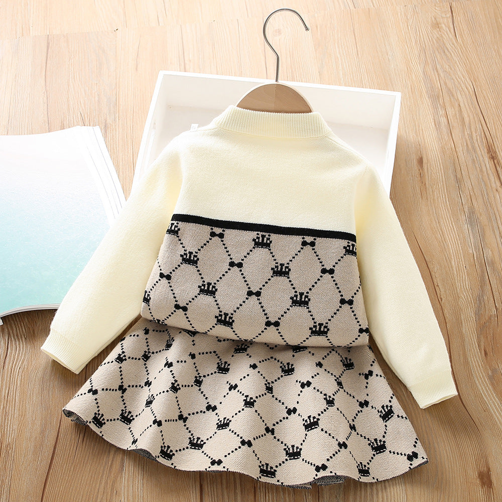 A girls sweater set autumn and winter new Korean version bow children's knitted long-sleeved cardigan short skirt two-piece set