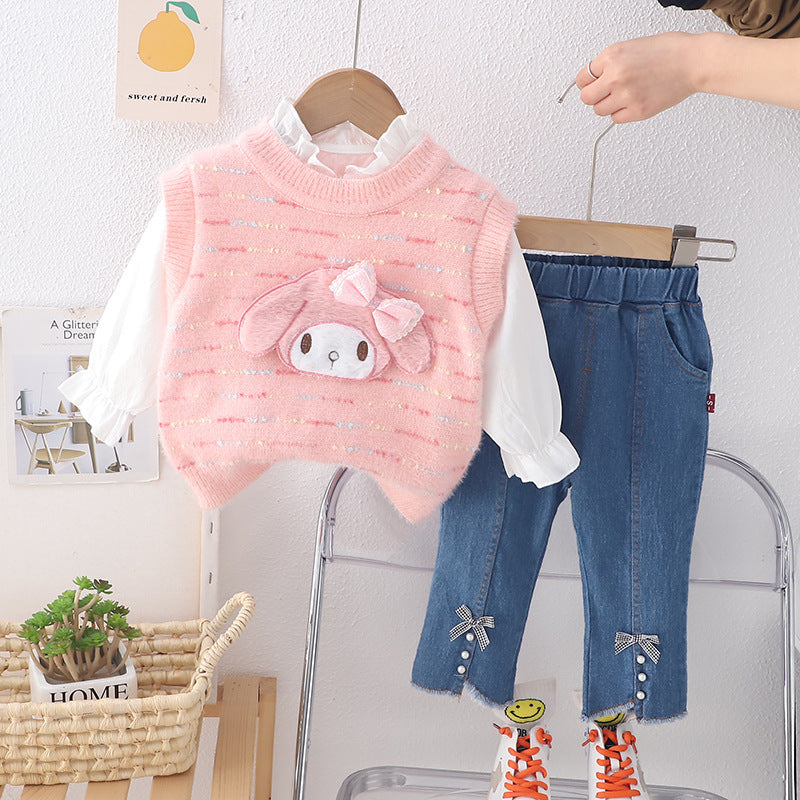 A new cartoon set girls sweater spring children's autumn sweater vest set three-piece wholesale