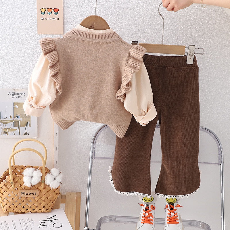 A spring new girls bow sweater vest three-piece baby girl solid color shirt long sleeve set trendy