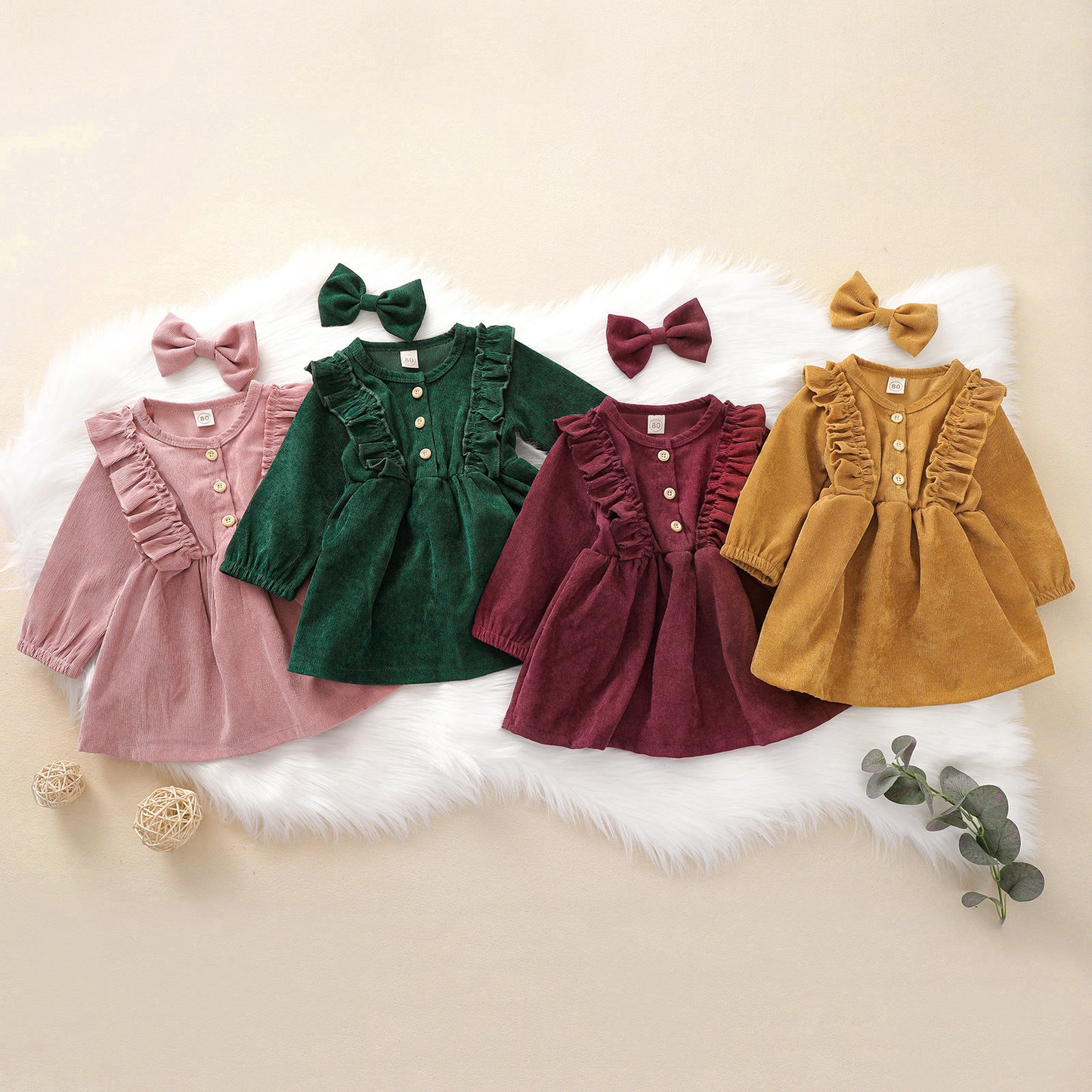 Girl's Clothes, Sweet Lace Corduroy Dress, Girl's Bow Hair Clip Two Piece Set, 0.23kg