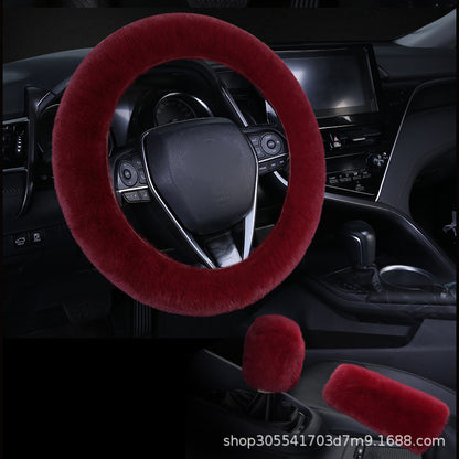 Winter short plush handlebar cover imitation rabbit fur gear lever handbrake three-piece set plush car steering wheel cover (moq:10 set , if  buy one piece need 1usd extra fee )