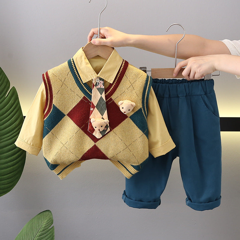 A Boys Sweater Children's British Academy Style Removable Tie Rhombus Shirt Spring and Autumn Boys' Bear Vest Pants