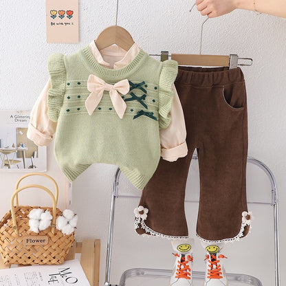 A spring new girls bow sweater vest three-piece baby girl solid color shirt long sleeve set trendy