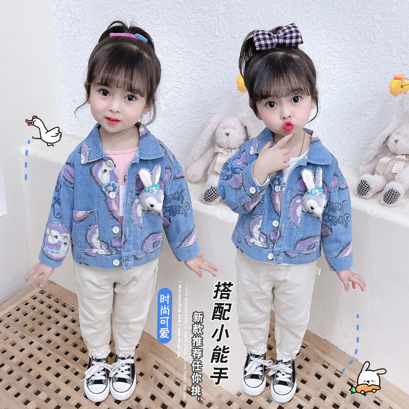 Small and medium-sized children's rabbit head denim jacket three piece set for girls long sleeved denim outer jacket cute set 0.3kg