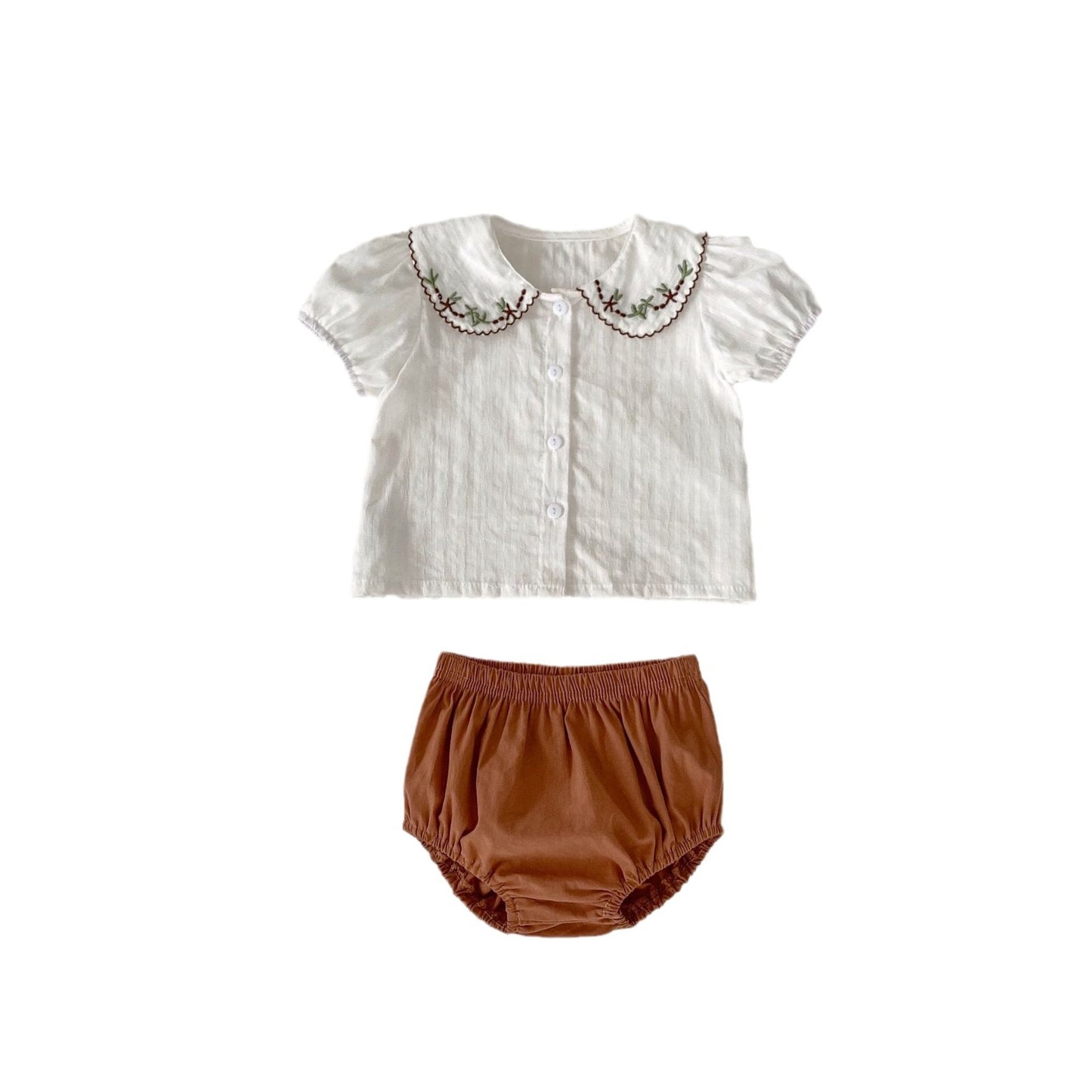 Ropa infantil de manga corta de verano 2024, top con cuello de muñeca bordado para niña + pantalones de pedo, 2 trajes dulces 